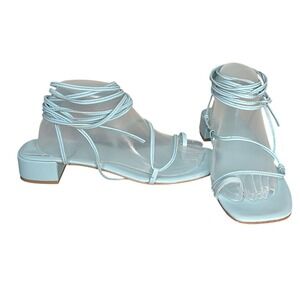 Jeffrey Campbell Agate Light Blue Leather Wrap Up Heeled Toe Ring Sandals Size 9